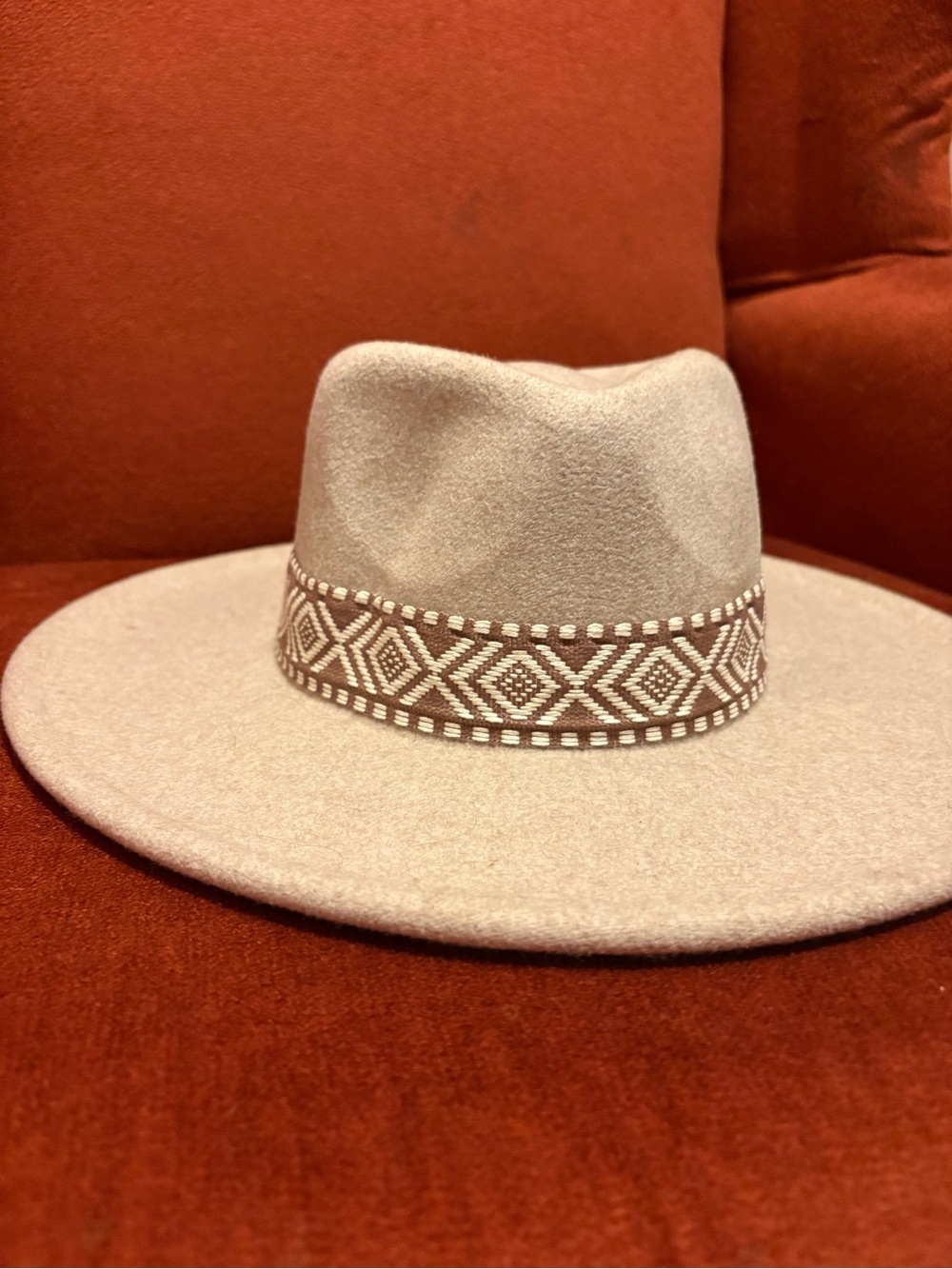 Beige Wide-Brim Fedora western boho women’s cowgirl hat Geometric Band